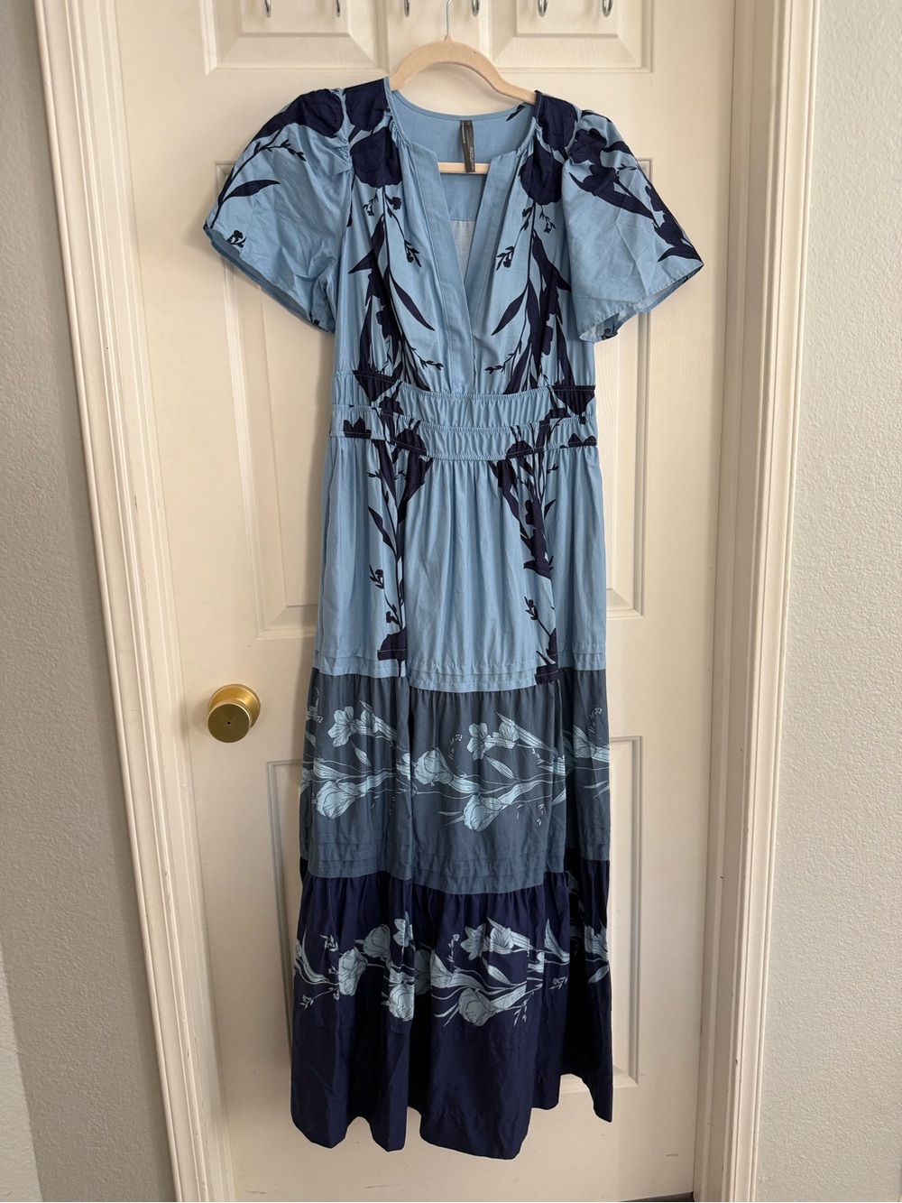 Anthropologie The Somerset Maxi Dress Light Blue and Navy Floral Tiered